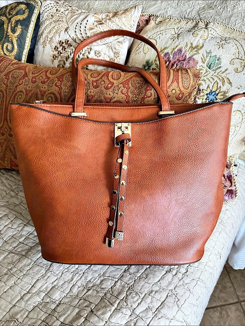 Darcy Marks London Brown tan cognac vegan approved LeatherTote straps 10 1/2”